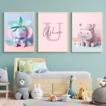 Customized Nursery Decor Set of 3 Animal Nursery Wall Art Prints Nursery Child Kids Printable Personalized Baby Room Art Dog Cat Pig Hippo