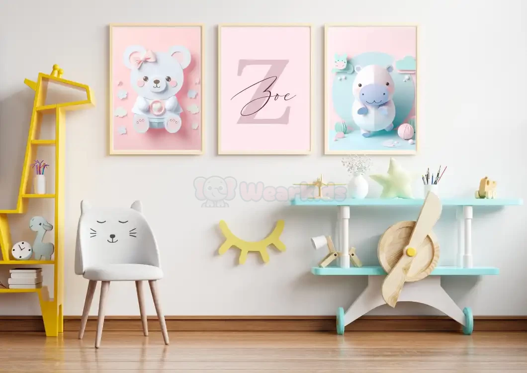 Customized Nursery Decor Set of 3 Animal Nursery Wall Art Prints Nursery Child Kids Printable Personalized Baby Room Art Dog Cat Pig Hippo