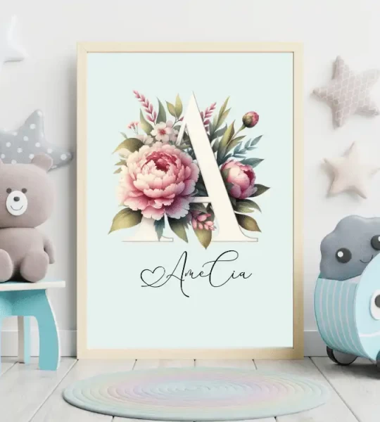 Personalized Initial Name Print Custom Letter Printable Baby Name Sign Nursery baby name Kids Wall Art Children Prints Floral Letter A