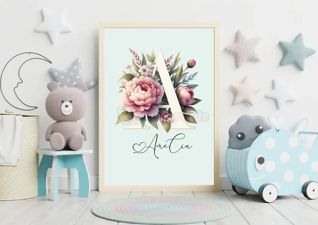 Personalized Initial Name Print Custom Letter Printable Baby Name Sign Nursery baby name Kids Wall Art Children Prints Floral Letter A