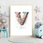 Custom Name Signs Prints Nursery Art Set Personalized Name Sign Boho Decor Unique Floral Nursery Decor Alphabet Art for Kids Letter V