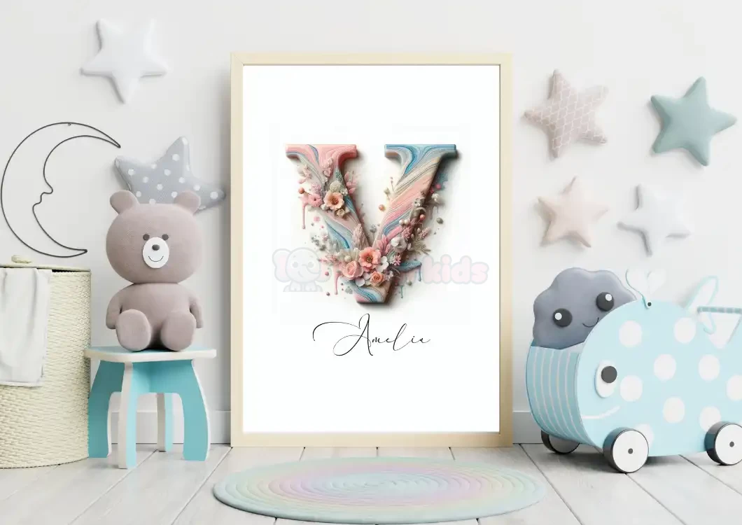 Custom Name Signs Prints Nursery Art Set Personalized Name Sign Boho Decor Unique Floral Nursery Decor Alphabet Art for Kids Letter V