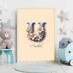 Unique Name Signs Floral Nursery Art Customized Name Signs Wall Decor Baby Girl Room Wildflower Clipart for Kids Letter U