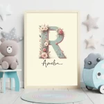 Personalised Name Sign Floral Nursery Prints Custom Name Signs Wall Art Unique Baby Girl Nursery Decor Clipart Set Kids Alphabet Letter R