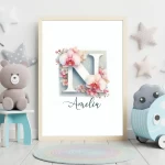 Personalized Wildflowers Nursery Decor Custom Name Sign Floral Wall Art Unique Nursery Prints Floral Alphabet Art for Kids Letter N