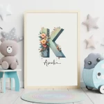 Personalised Name Floral Nursery Wall Art Custom Baby Girl Room Unique Nursery Art Trendy Wildflower Clipart Set for Kids Rooms Letter K