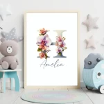 Boho Floral Nursery Art Custom Name Watercolor Flowers Baby Girl Room Decor Personalized Prints Floral Alphabet Arts Letter Images Letter H