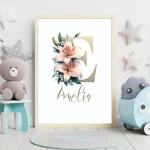 Watercolor Flowers Nursery Wall Art Custom Name Sign Baby Girl Room Decor Personalized Nursery Prints Floral Alphabet Art for Kids Letter E