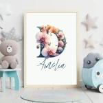 Watercolor Flowers Nursery Wall Art Custom Name Sign Baby Girl Room Decor Personalized Nursery Prints Floral Alphabet Art for Kids Letter E