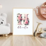 Boho Floral Nursery Art Custom Name Watercolor Flowers Baby Girl Room Decor Personalized Prints Floral Alphabet Arts Letter Images Letter H