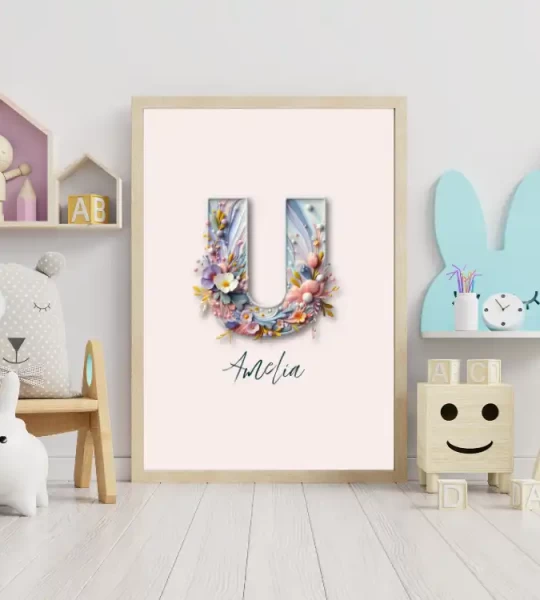 Unique Name Signs Floral Nursery Art Customized Name Signs Wall Decor Baby Girl Room Wildflower Clipart for Kids Letter U