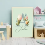 Personalized Initial Name Print Custom Letter Printable Baby Name Sign Nursery baby name Kids Wall Art Children Prints Floral Letter A