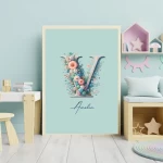 Custom Name Signs Prints Nursery Art Set Personalized Name Sign Boho Decor Unique Floral Nursery Decor Alphabet Art for Kids Letter V