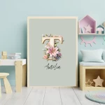 Personalized Name Sign flower Nursery Decor Floral Baby Girl Room Art Custom Wall Art Prints Floral Alphabet Art Kids Room Decor Letter T