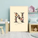 Personalized Wildflowers Nursery Decor Custom Name Sign Floral Wall Art Unique Nursery Prints Floral Alphabet Art for Kids Letter N