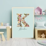 Personalised Name Floral Nursery Wall Art Custom Baby Girl Room Unique Nursery Art Trendy Wildflower Clipart Set for Kids Rooms Letter K