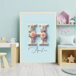 Boho Floral Nursery Art Custom Name Watercolor Flowers Baby Girl Room Decor Personalized Prints Floral Alphabet Arts Letter Images Letter H