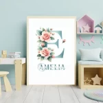 Watercolor Flowers Nursery Wall Art Custom Name Sign Baby Girl Room Decor Personalized Nursery Prints Floral Alphabet Art for Kids Letter E