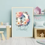 Watercolor Flowers Nursery Wall Art Custom Name Sign Baby Girl Room Decor Personalized Nursery Prints Floral Alphabet Art for Kids Letter E