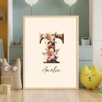 Personalized Name Sign flower Nursery Decor Floral Baby Girl Room Art Custom Wall Art Prints Floral Alphabet Art Kids Room Decor Letter T