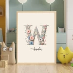 Personalised Name Floral Nursery Wall Art Custom Name Signs Baby Girl Room Unique Nursery Art Kids  Alphabet Posters Letter W