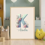 Personalised Name Floral Nursery Wall Art Custom Baby Girl Room Unique Nursery Art Trendy Wildflower Clipart Set for Kids Rooms Letter K