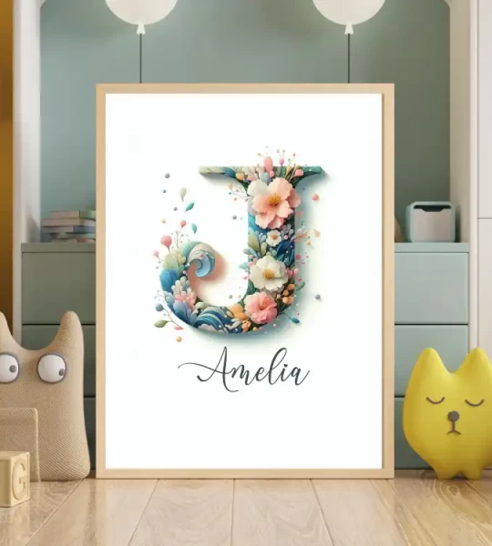 Unique Name Signs Floral Nursery Art Customized Wildflowers Wall Decor Baby Girl Room Wildflower Clipart Set, Kids' Alphabet Art Letter J