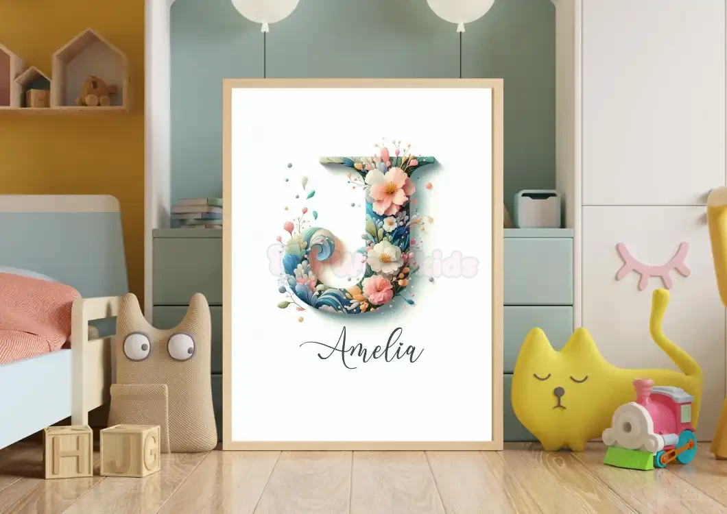 Unique Name Signs Floral Nursery Art Customized Wildflowers Wall Decor Baby Girl Room Wildflower Clipart Set, Kids' Alphabet Art Letter J