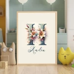 Boho Floral Nursery Art Custom Name Watercolor Flowers Baby Girl Room Decor Personalized Prints Floral Alphabet Arts Letter Images Letter H