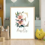 Watercolor Flowers Nursery Wall Art Custom Name Sign Baby Girl Room Decor Personalized Nursery Prints Floral Alphabet Art for Kids Letter E