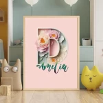 Watercolor Flowers Nursery Wall Art Custom Name Sign Baby Girl Room Decor Personalized Nursery Prints Floral Alphabet Art for Kids Letter E