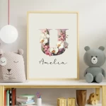 Unique Name Signs Floral Nursery Art Customized Name Signs Wall Decor Baby Girl Room Wildflower Clipart for Kids Letter U