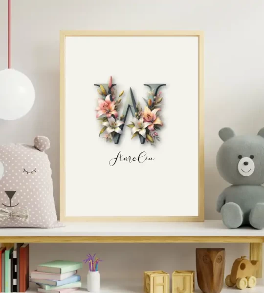 Personalised Name Floral Nursery Wall Art Custom Name Signs Baby Girl Room Unique Nursery Art Kids  Alphabet Posters Letter W