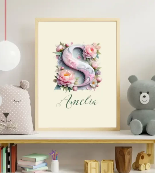 Unique Baby Girl Nursery Decor Custom flower Print Set Name Sign Art Personalized Nursery Art Prints flower Designs for Kids Art Letter S