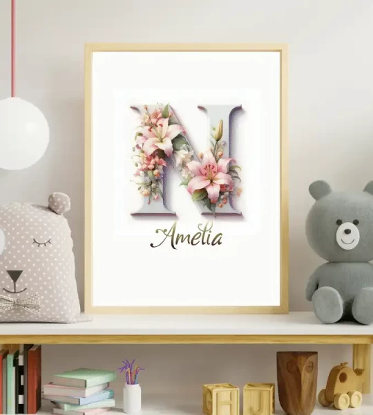 Personalized Wildflowers Nursery Decor Custom Name Sign Floral Wall Art Unique Nursery Prints Floral Alphabet Art for Kids Letter N