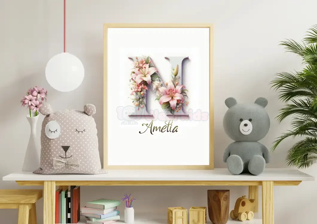 Personalized Wildflowers Nursery Decor Custom Name Sign Floral Wall Art Unique Nursery Prints Floral Alphabet Art for Kids Letter N