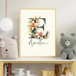 Watercolor Flowers Nursery Wall Art Custom Name Sign Baby Girl Room Decor Personalized Nursery Prints Floral Alphabet Art for Kids Letter E