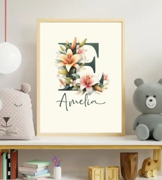 Watercolor Flowers Nursery Wall Art Custom Name Sign Baby Girl Room Decor Personalized Nursery Prints Floral Alphabet Art for Kids Letter E