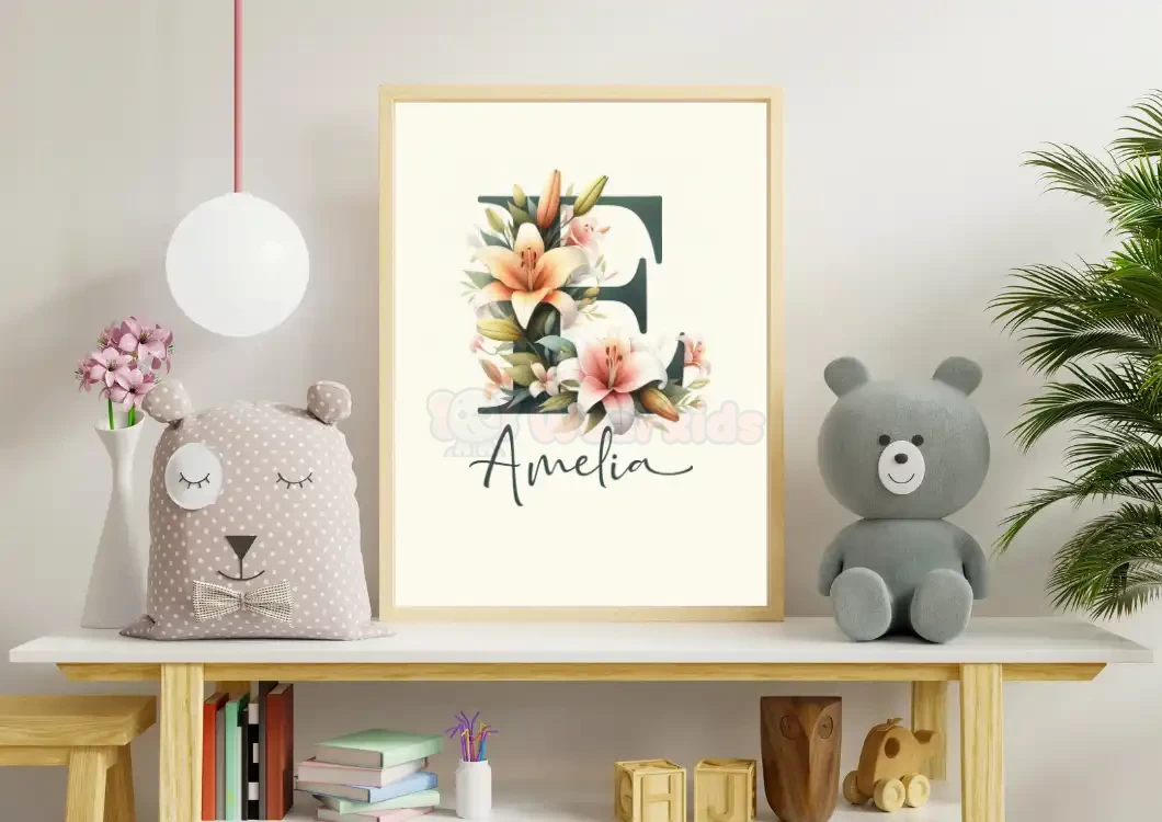 Watercolor Flowers Nursery Wall Art Custom Name Sign Baby Girl Room Decor Personalized Nursery Prints Floral Alphabet Art for Kids Letter E