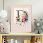 Watercolor Flowers Nursery Wall Art Custom Name Sign Baby Girl Room Decor Personalized Nursery Prints Floral Alphabet Art for Kids Letter E