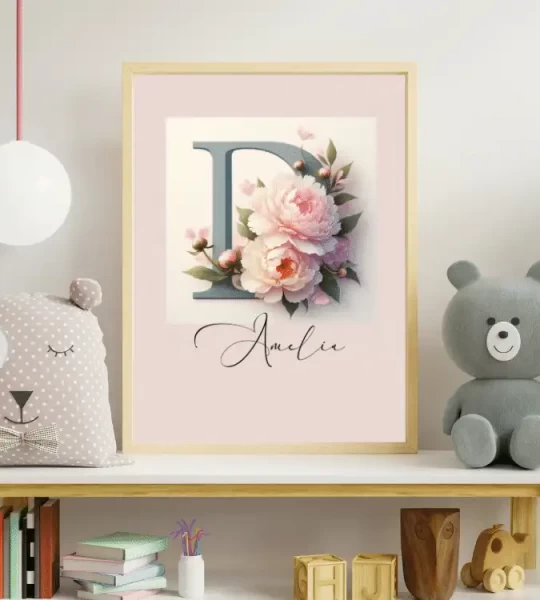 Watercolor Flowers Nursery Wall Art Custom Name Sign Baby Girl Room Decor Personalized Nursery Prints Floral Alphabet Art for Kids Letter E