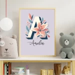 Personalized Initial Name Print Custom Letter Printable Baby Name Sign Nursery baby name Kids Wall Art Children Prints Floral Letter A