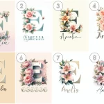 Watercolor Flowers Nursery Wall Art Custom Name Sign Baby Girl Room Decor Personalized Nursery Prints Floral Alphabet Art for Kids Letter E