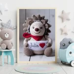 Personalized Crochet Hedgehog Art Prints Custom Name Nursery Decor for Newborns and Infants Trendy and Customizable Baby Gifts