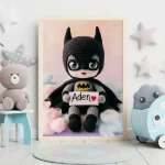 Personalized Batman Crochet Doll Digital Image Custom Child Name Art Trendy Superhero Decor for Kids Room Unique Wall Art Gift