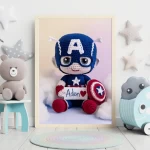 Custom Child Name Art Personalized Captain America Crochet Doll Digital Image Trendy Superhero Decor for Kids Room Unique Wall Art Gift