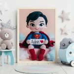 Unique Wall Art Gift Trendy Superhero Decor for Kids Room Personalized Superman Crochet Doll Digital Image Custom Child Name Art