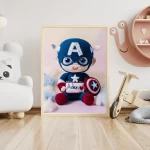 Custom Child Name Art Personalized Captain America Crochet Doll Digital Image Trendy Superhero Decor for Kids Room Unique Wall Art Gift