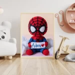 Custom Child Name Art Personalized Spiderman Crochet Doll Digital Image Unique Wall Art Gift Trendy Superhero Decor for Kids Room