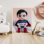 Unique Wall Art Gift Trendy Superhero Decor for Kids Room Personalized Superman Crochet Doll Digital Image Custom Child Name Art